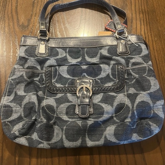 Coach Poppy 18993 Navy Denim Signature Optic Shoulder Tote Handbag Purse Bag - Picture 1 of 8